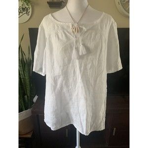 Lands End White Linen Top Blouse Boho Embroidered Tassels Short Sleeve Size 12